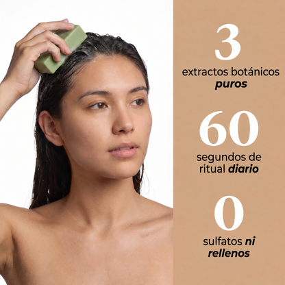 3 extractos botánicos puros, ritual de 60 segundos, sin sulfatos