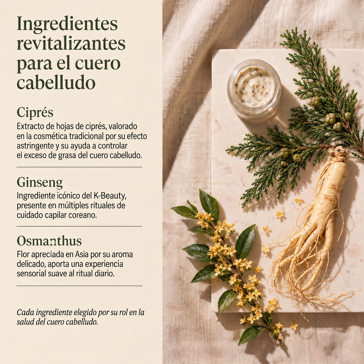 Ingredientes revitalizantes Yeoncare: ciprés, ginseng y osmanthus