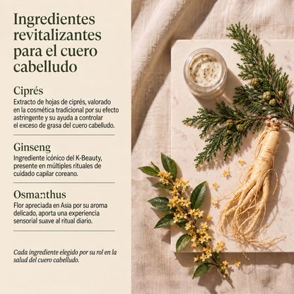 Ingredientes revitalizantes Yeoncare: ciprés, ginseng y osmanthus